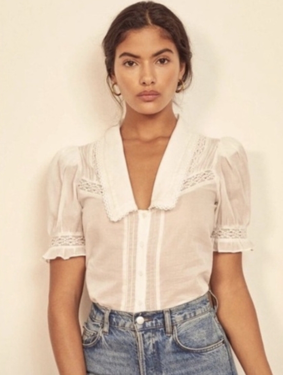 Reformation Tops - Reformation Hara Ivory Lace & Pintuck Short-Sleeve Blouse